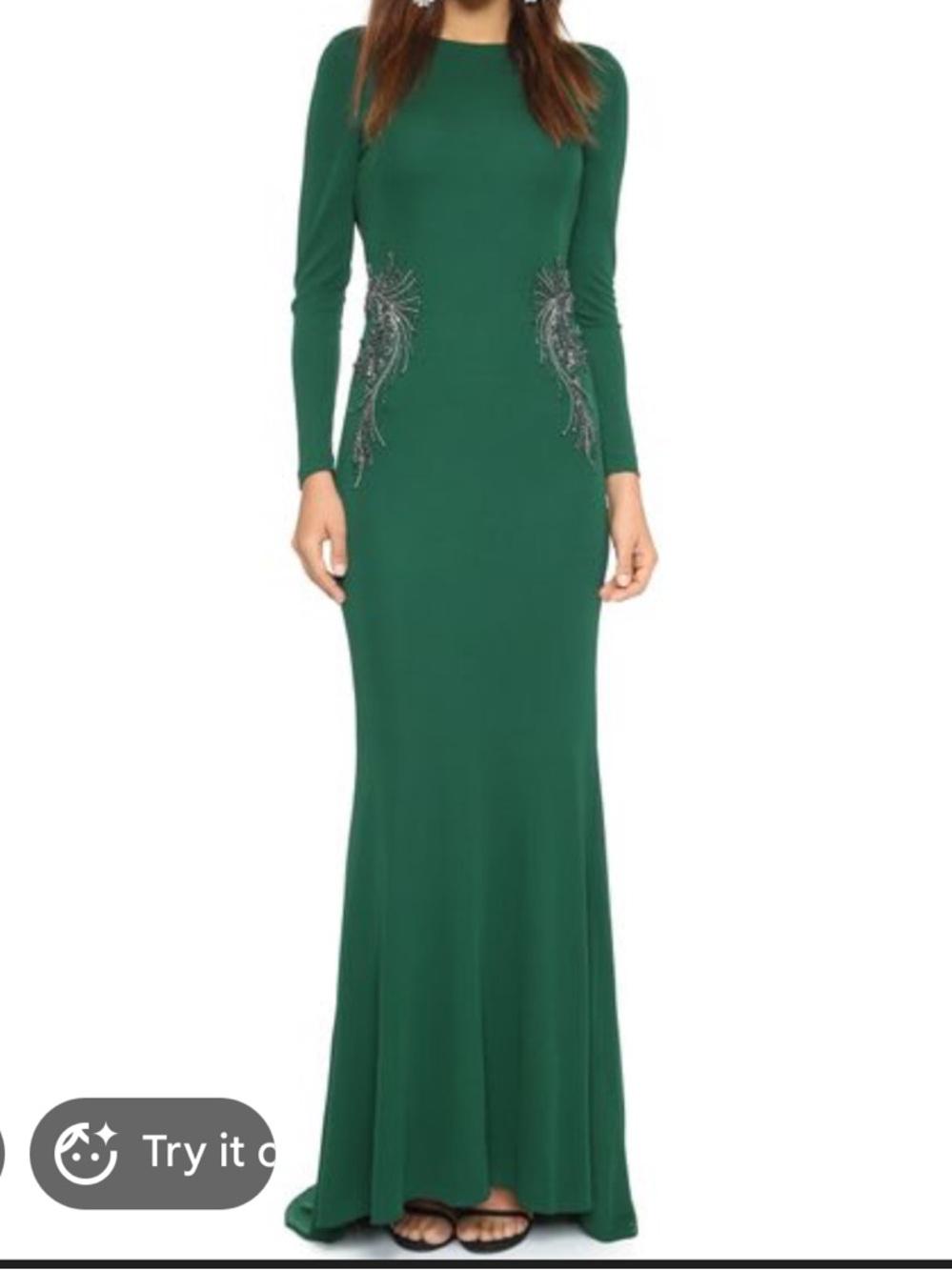 Badgley Mischka Emerald Green Long-Sleeve Embellished Gown